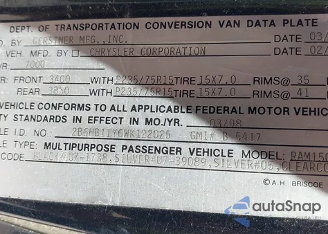 1998 Dodge Ram Van B1500 z USA, uszkodzony, nr VIN 2B6HB11Y3WK122015